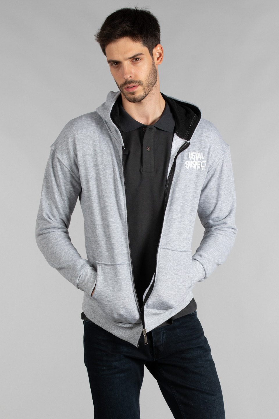 Ön arka baskılı fermuarlı sweatshirt-7010 Gri Melanj