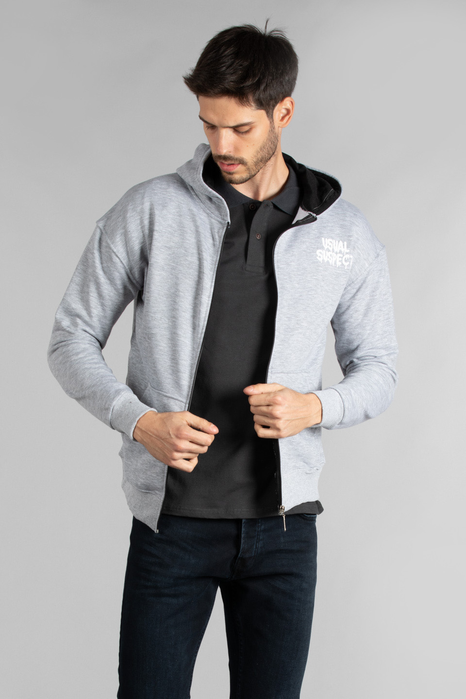 Ön arka baskılı fermuarlı sweatshirt-7010 Gri Melanj