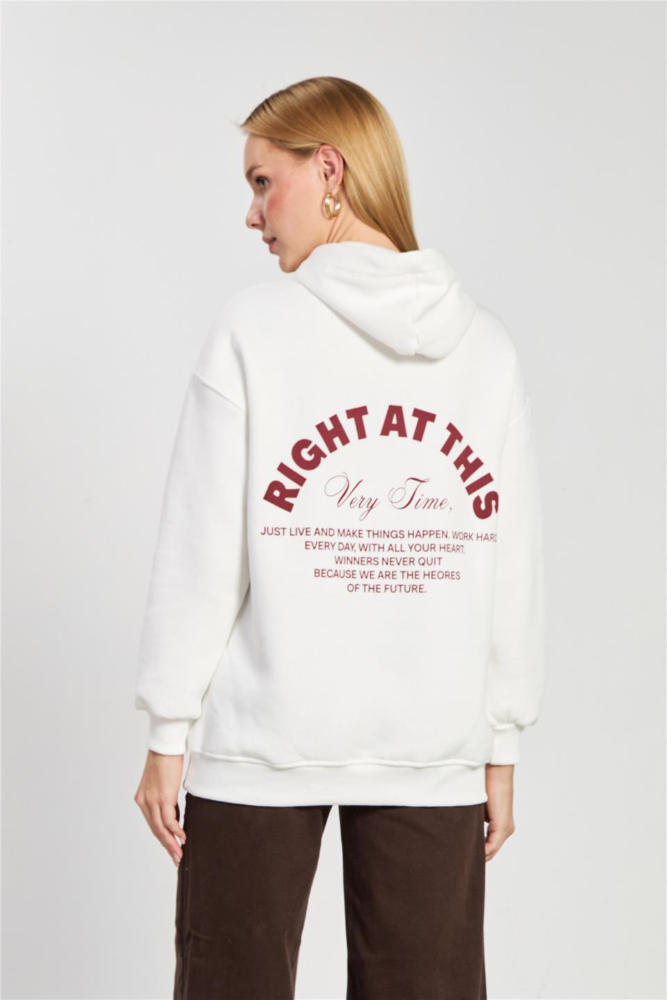 Ön arka baskılı kapüşonlu sweatshirt-DVN1246 Ekru