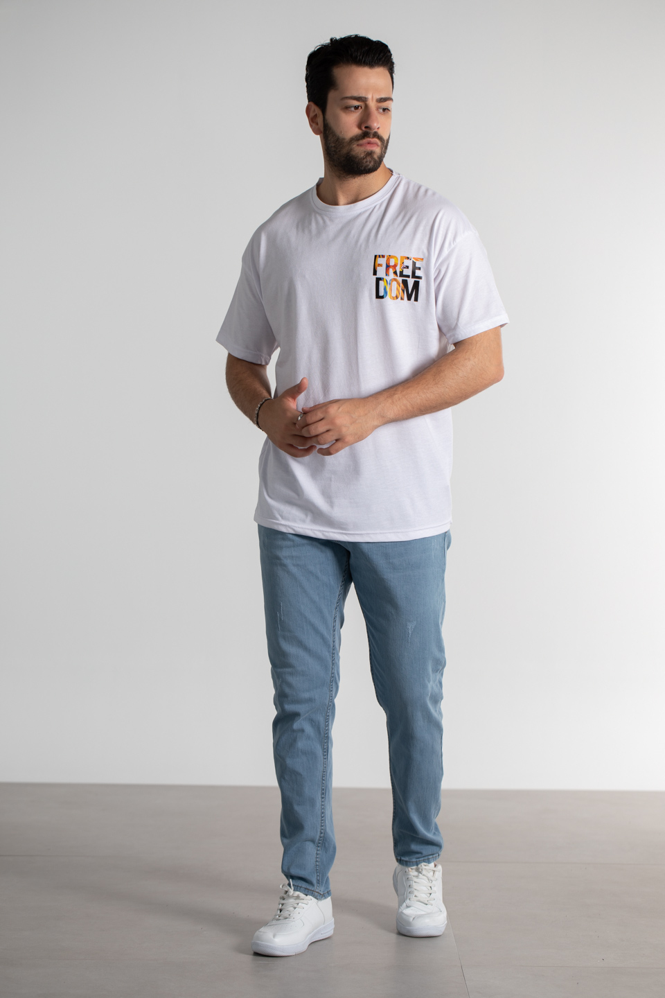 Ön arka freedom yazı baskılı t-shırt-4011 Beyaz