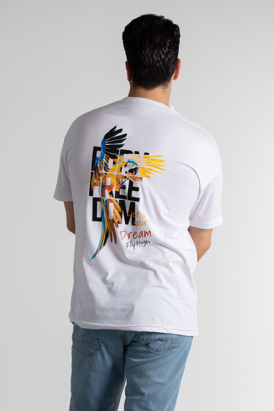 Ön arka freedom yazı baskılı t-shırt-4011 Beyaz