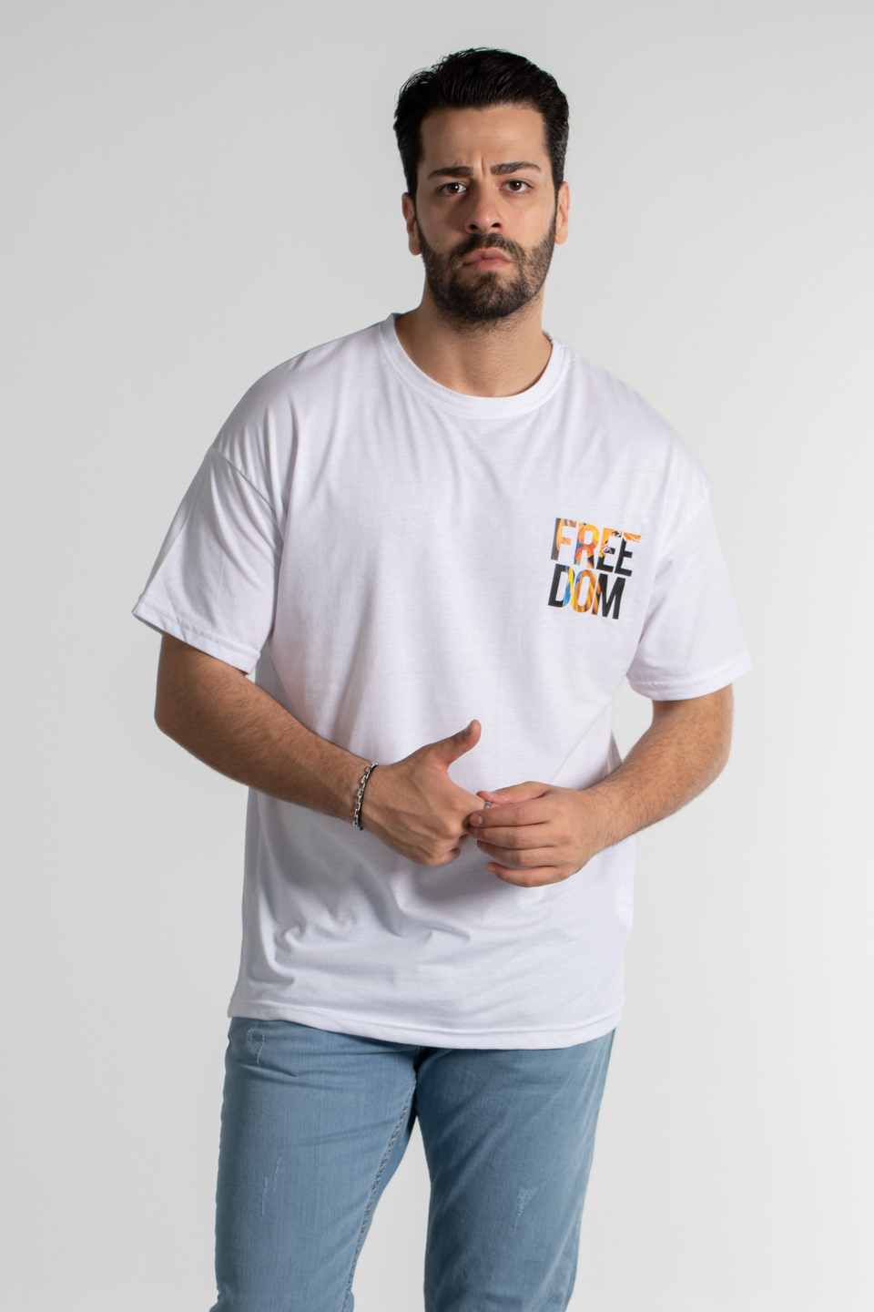 Ön arka freedom yazı baskılı t-shırt-4011 Beyaz