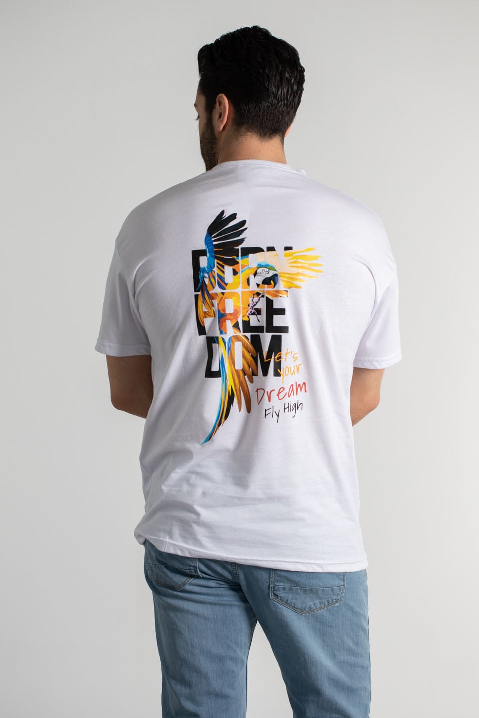 Ön arka freedom yazı baskılı t-shırt-4011 Beyaz