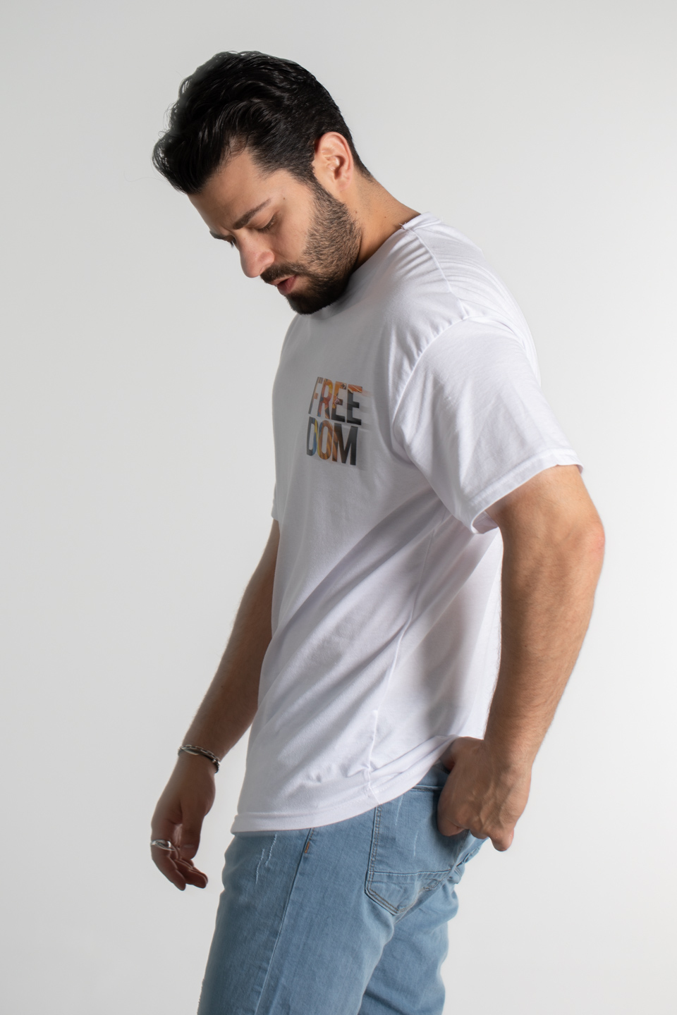 Ön arka freedom yazı baskılı t-shırt-4011 Beyaz