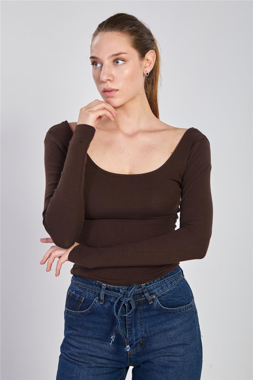 Ön arka kayık yaka body-4410 Kahve