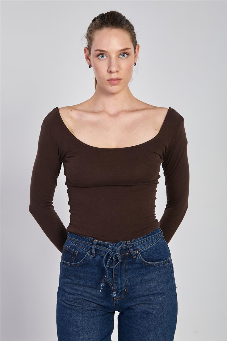 Ön arka kayık yaka body-4410 Kahve
