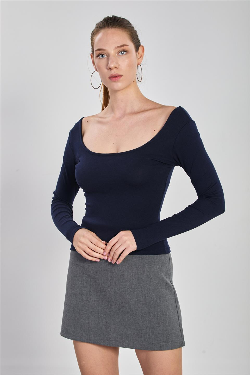 Ön arka kayık yaka body-4410 Lacivert