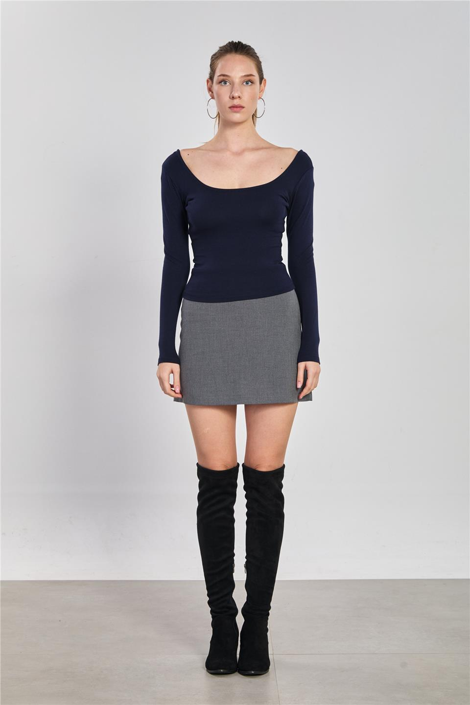 Ön arka kayık yaka body-4410 Lacivert