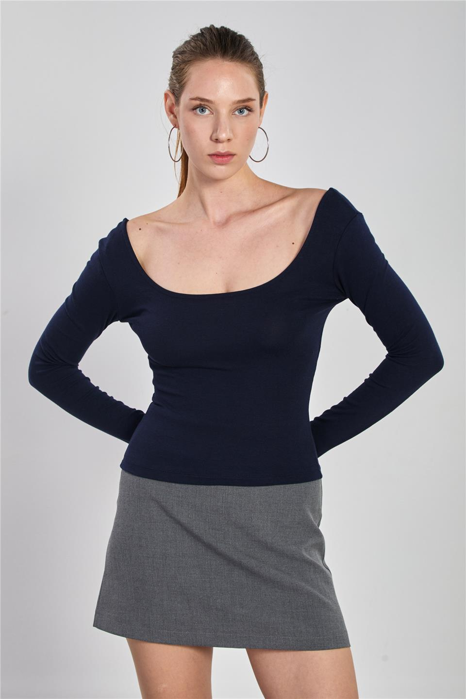 Ön arka kayık yaka body-4410 Lacivert