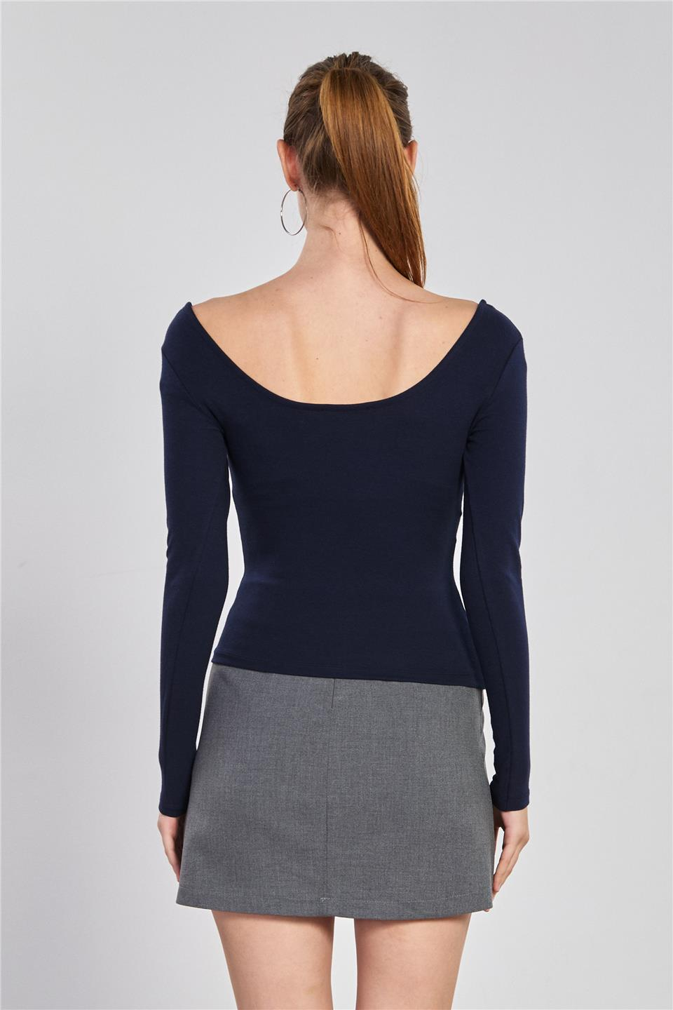 Ön arka kayık yaka body-4410 Lacivert