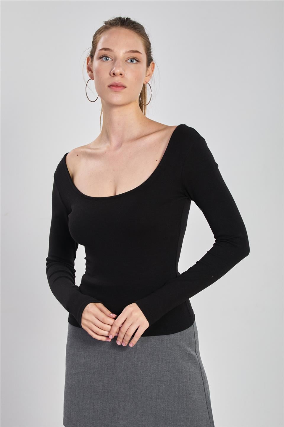 Ön arka kayık yaka body-4410 Siyah