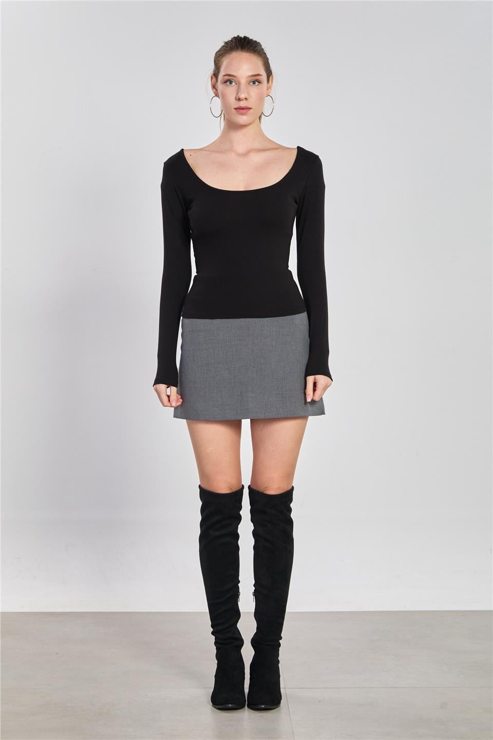 Ön arka kayık yaka body-4410 Siyah