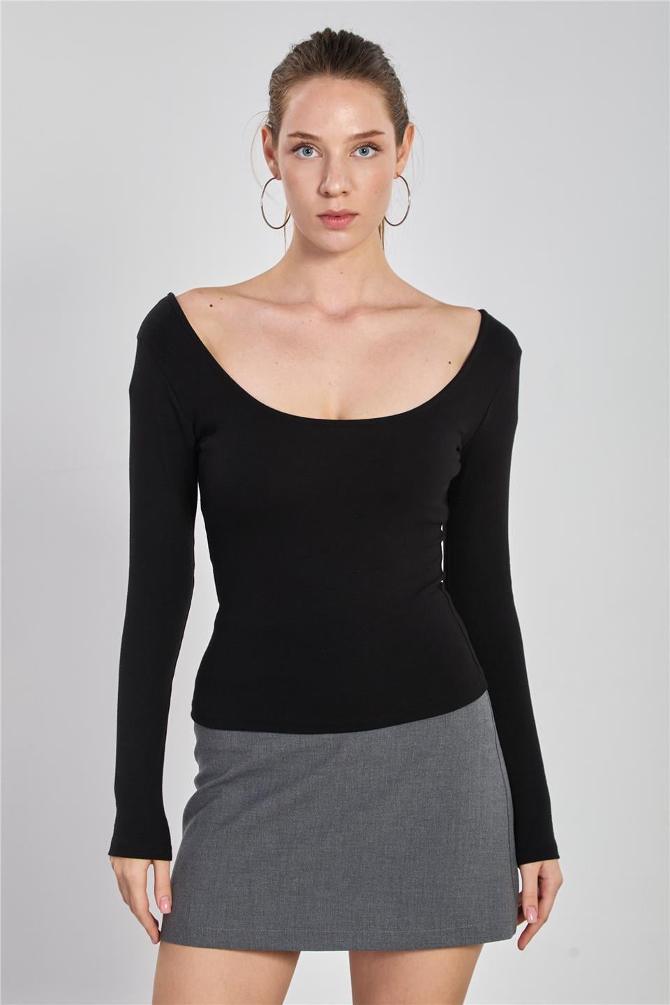 Ön arka kayık yaka body-4410 Siyah