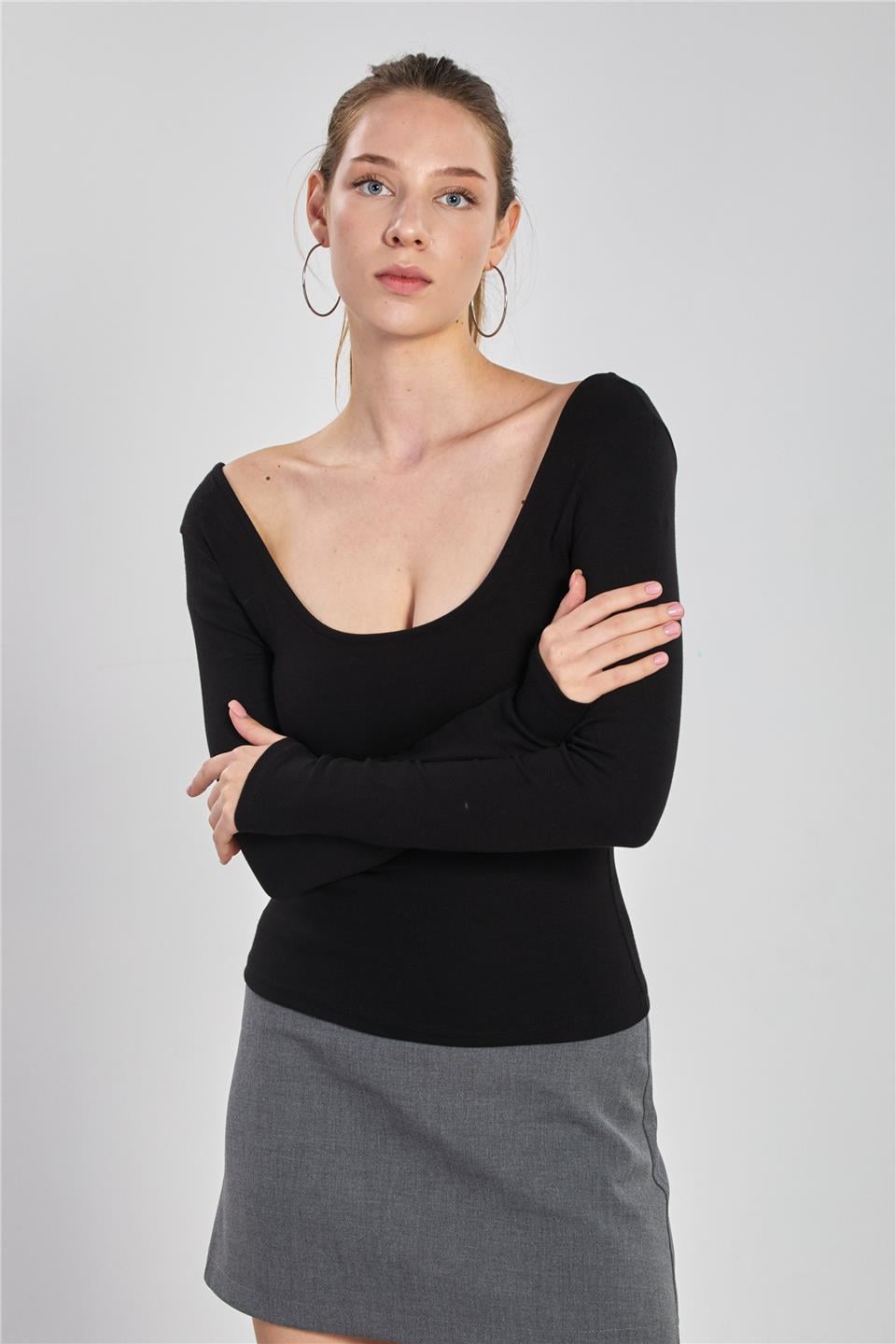 Ön arka kayık yaka body-4410 Siyah