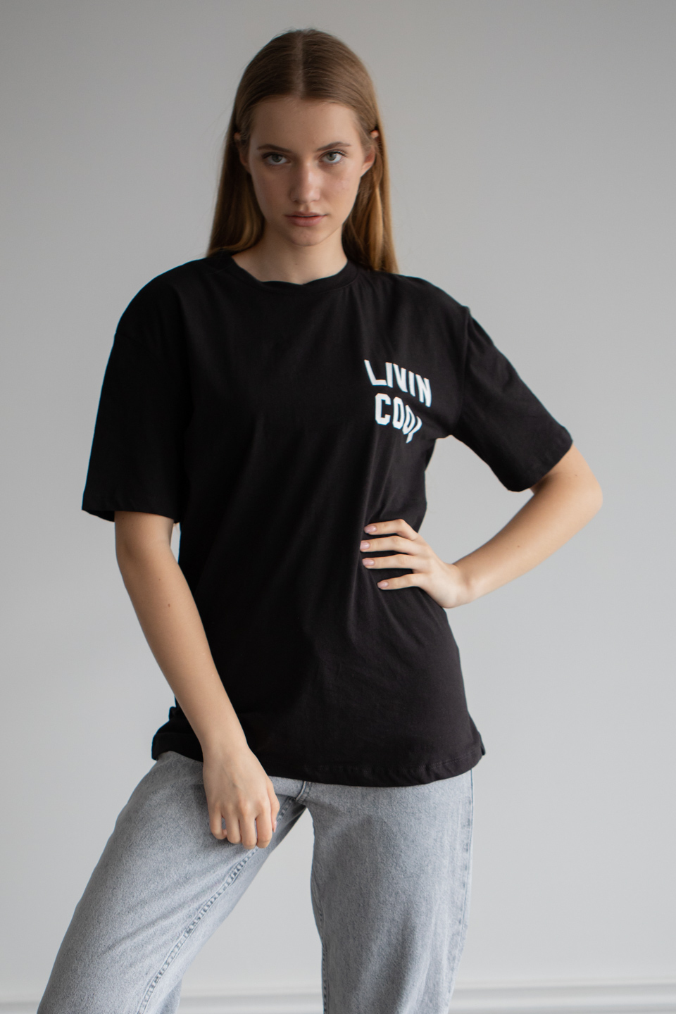 Ön arka lıvın cool baskılı t-shirt-22F-190 Siyah