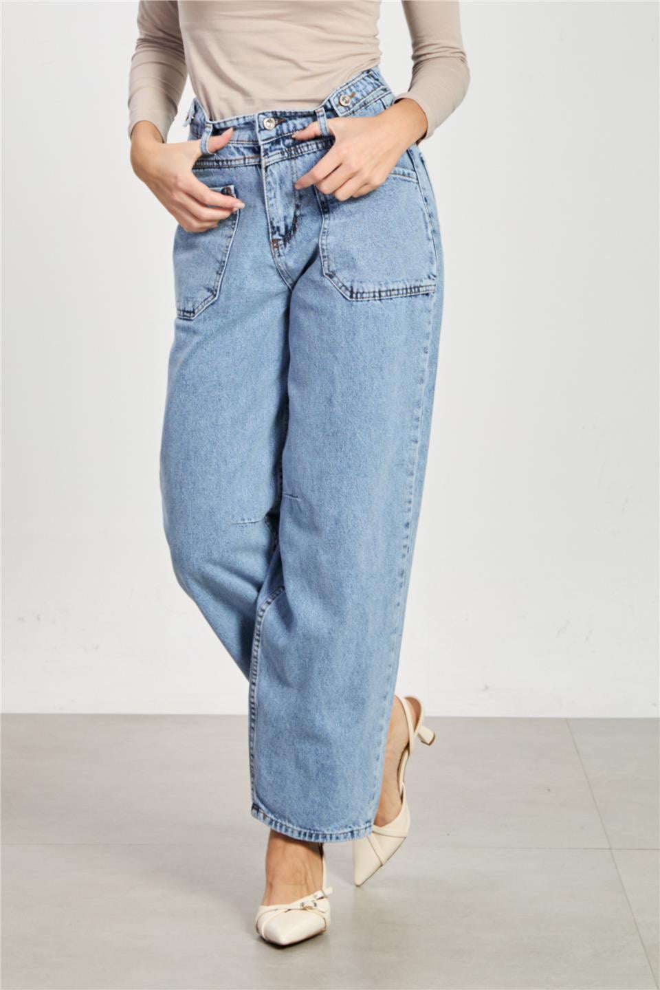 Ön cepli baggy jean pantolon-7019 Mavi