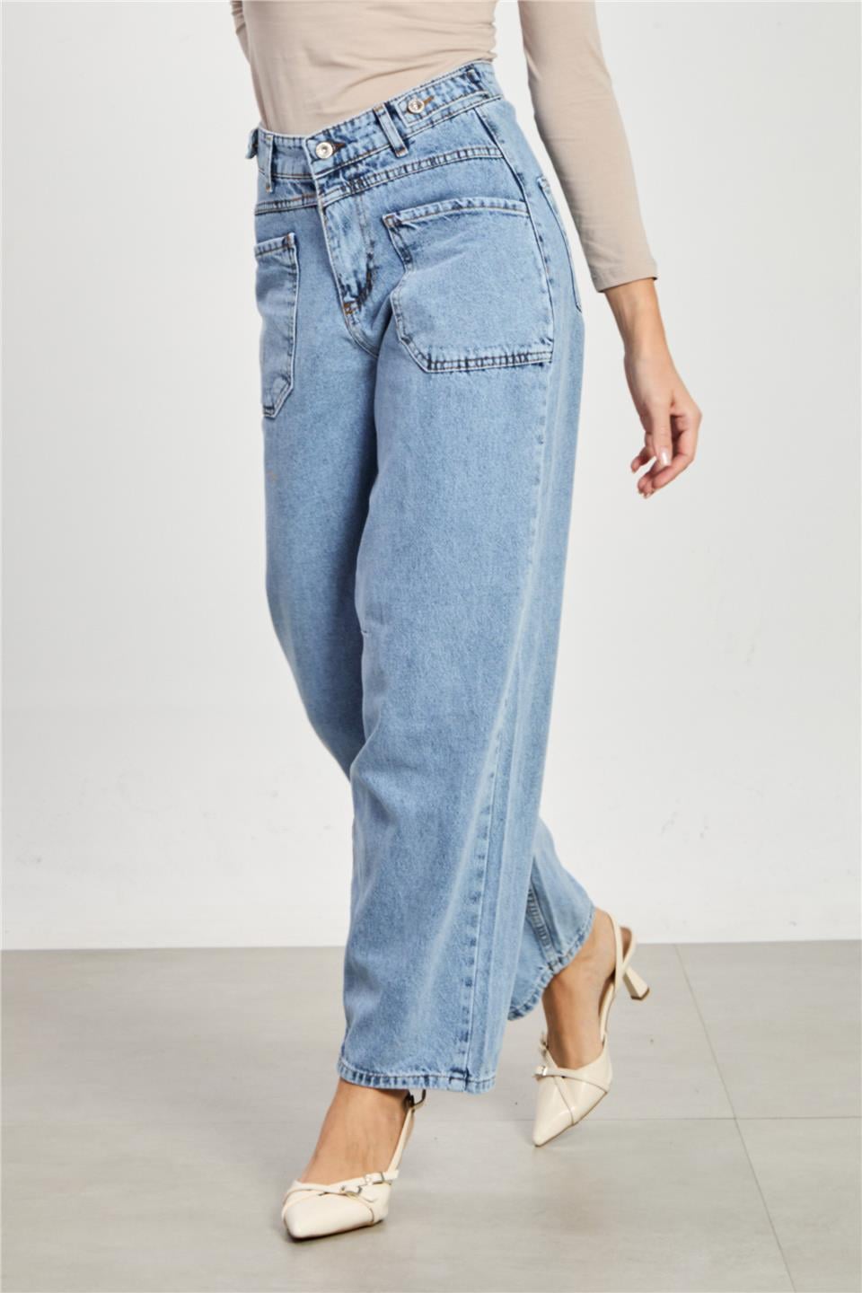 Ön cepli baggy jean pantolon-7019 Mavi