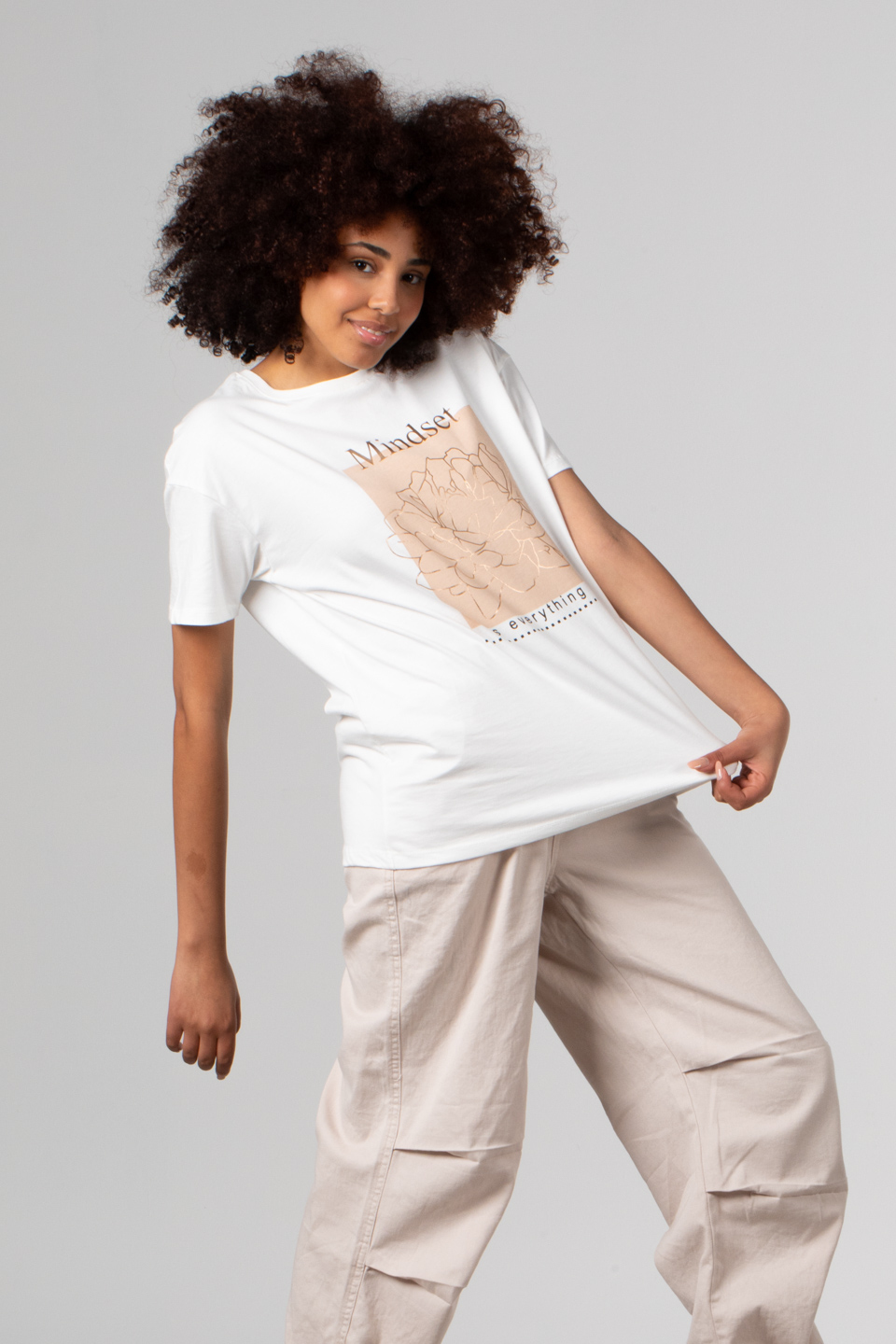 Ön çiçek baskılı t-shirt-DVN0342 Beyaz