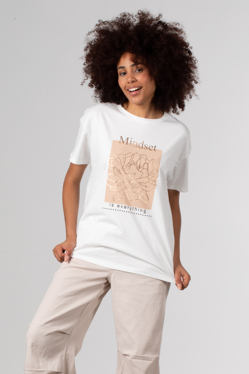 Ön çiçek baskılı t-shirt-DVN0342 Beyaz