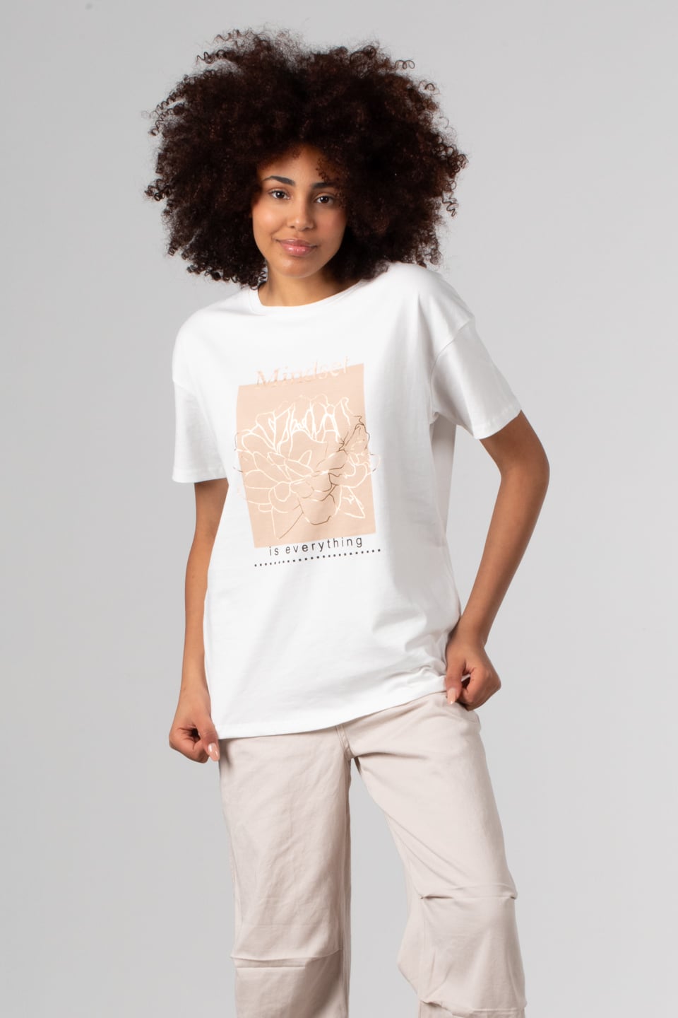 Ön çiçek baskılı t-shirt-DVN0342 Beyaz