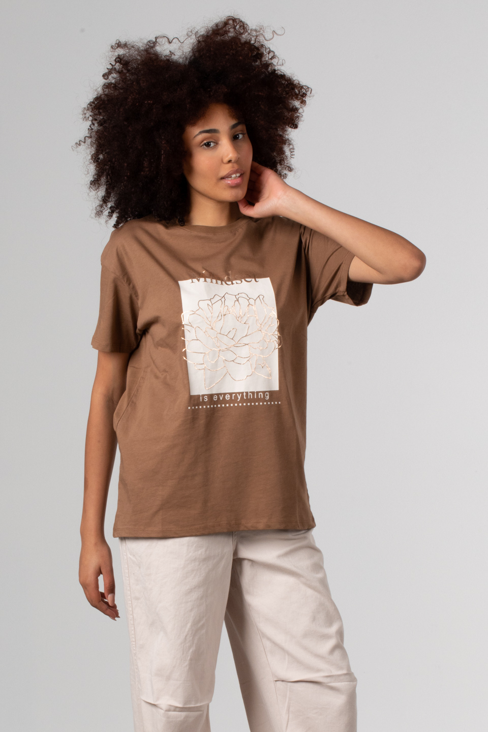 Ön çiçek baskılı t-shirt-DVN0342 Kahve