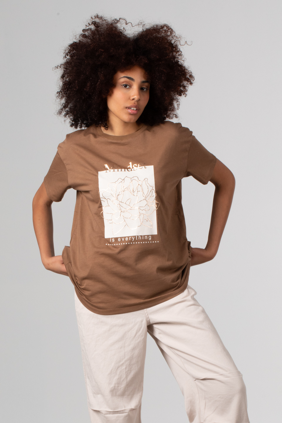 Ön çiçek baskılı t-shirt-DVN0342 Kahve