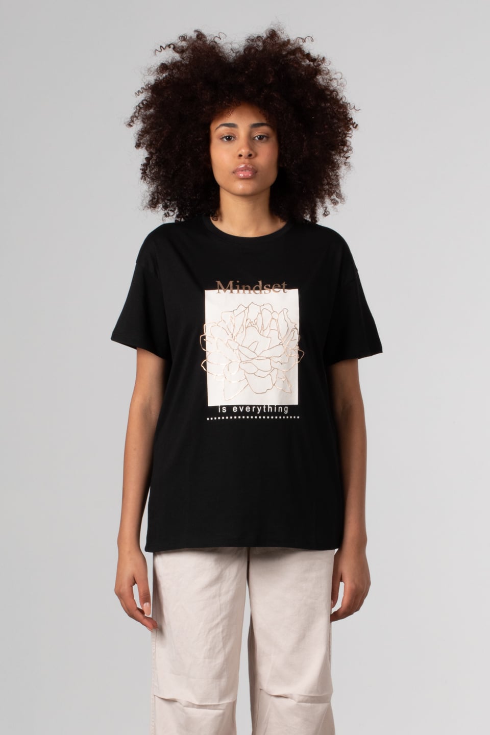 Ön çiçek baskılı t-shirt-DVN0342 Siyah