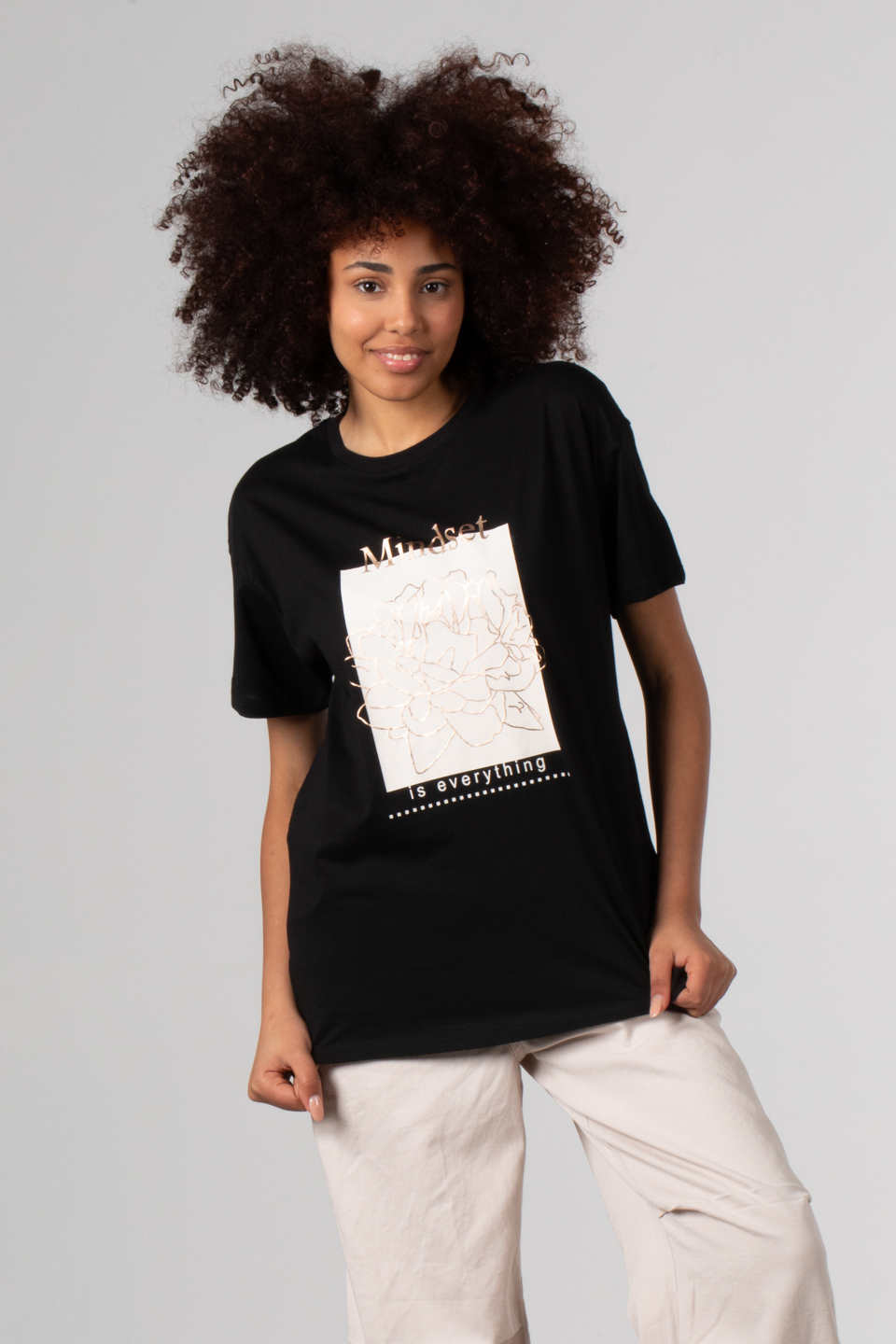 Ön çiçek baskılı t-shirt-DVN0342 Siyah