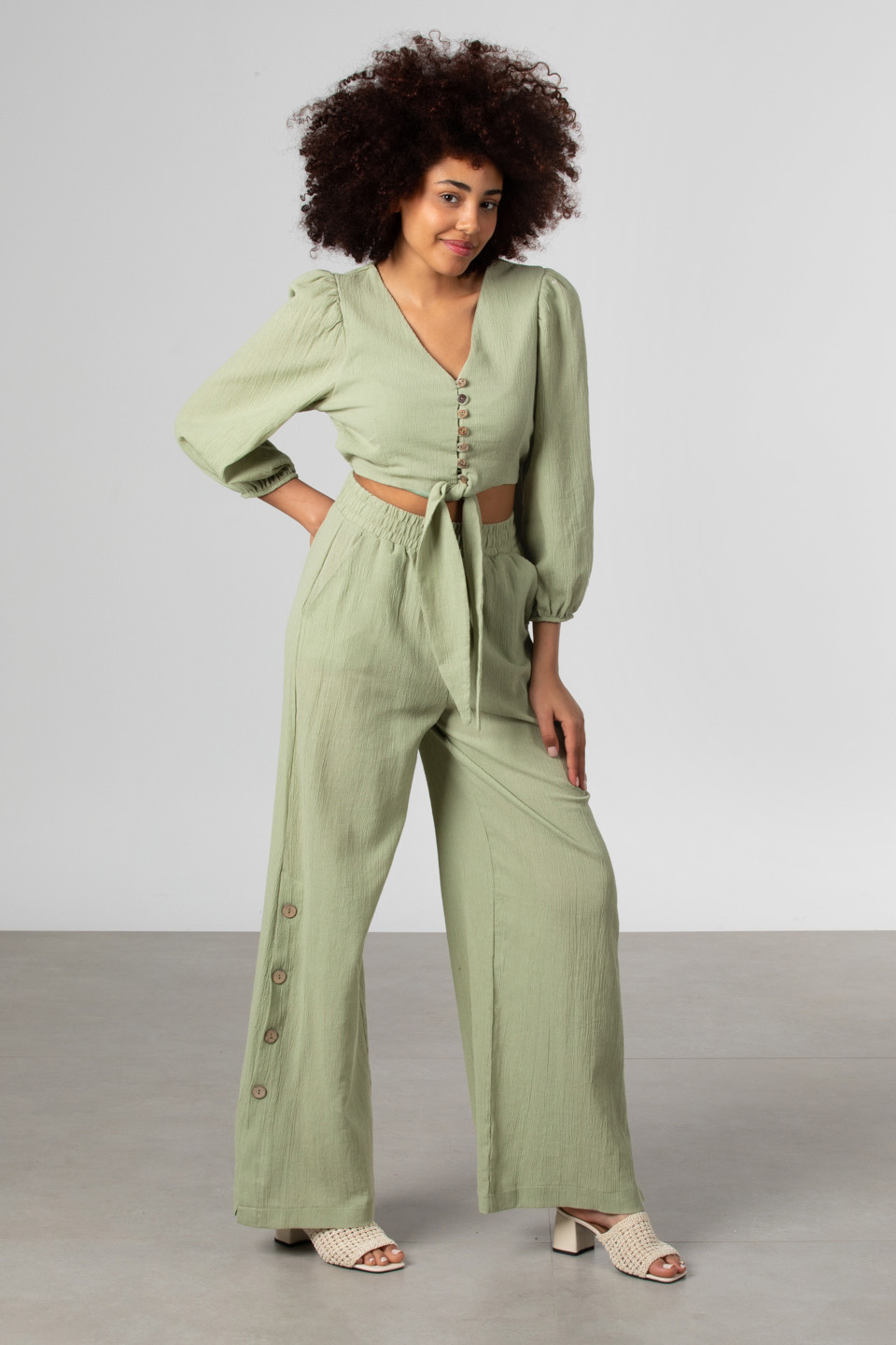 Ön düğme detaylı bluz-8045 Haki