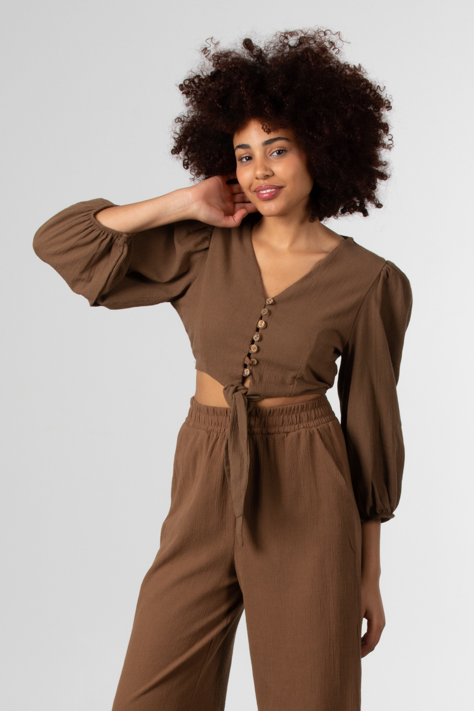 Ön düğme detaylı bluz-8045 Kahve
