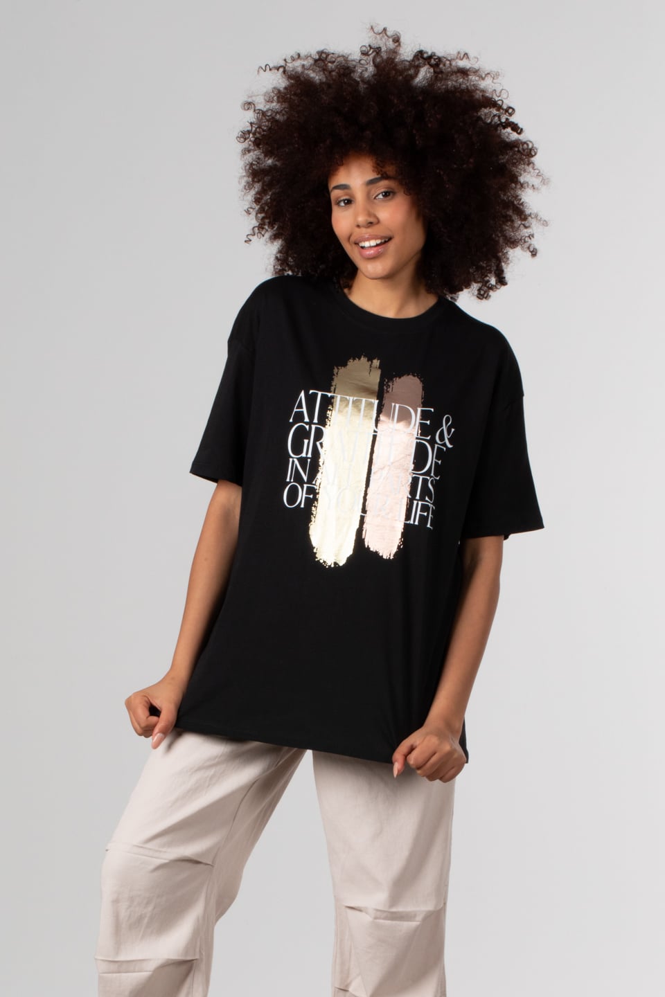 Ön parlak yazı baskılı t-shirt-DVN0350 Siyah