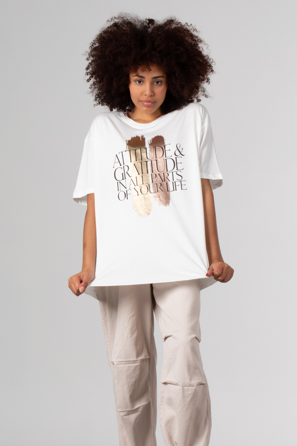 Ön parlak yazı baskılı t-shirt-DVN0350 Beyaz