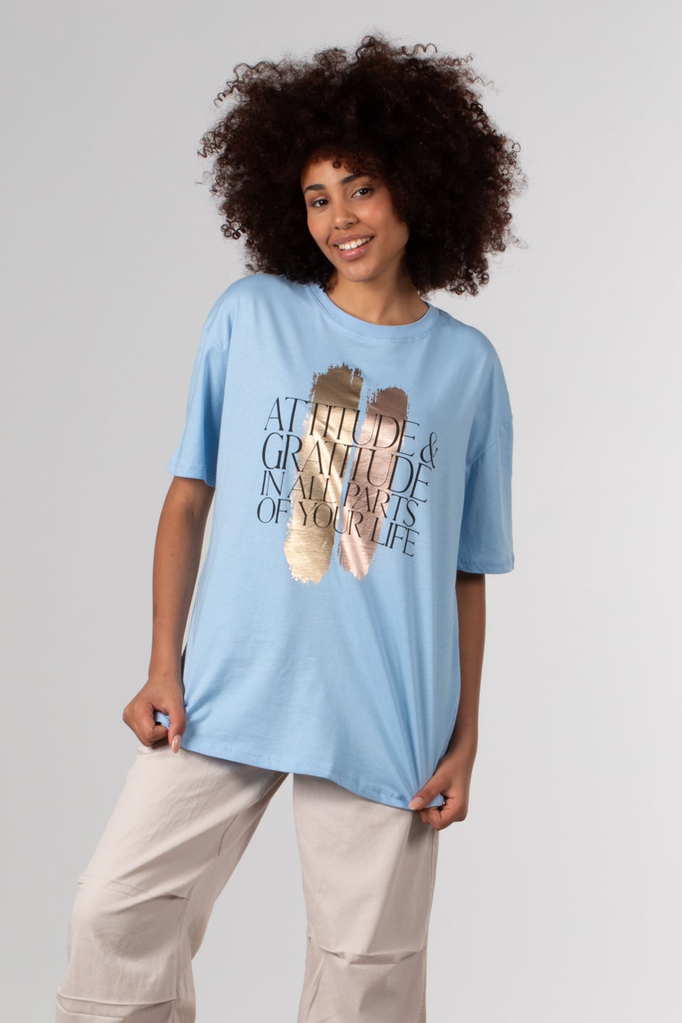 Ön parlak yazı baskılı t-shirt-DVN0350 B.Mavi