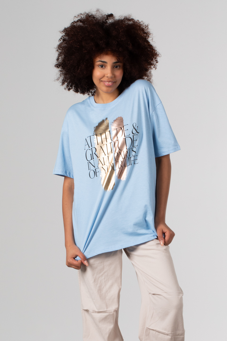 Ön parlak yazı baskılı t-shirt-DVN0350 B.Mavi