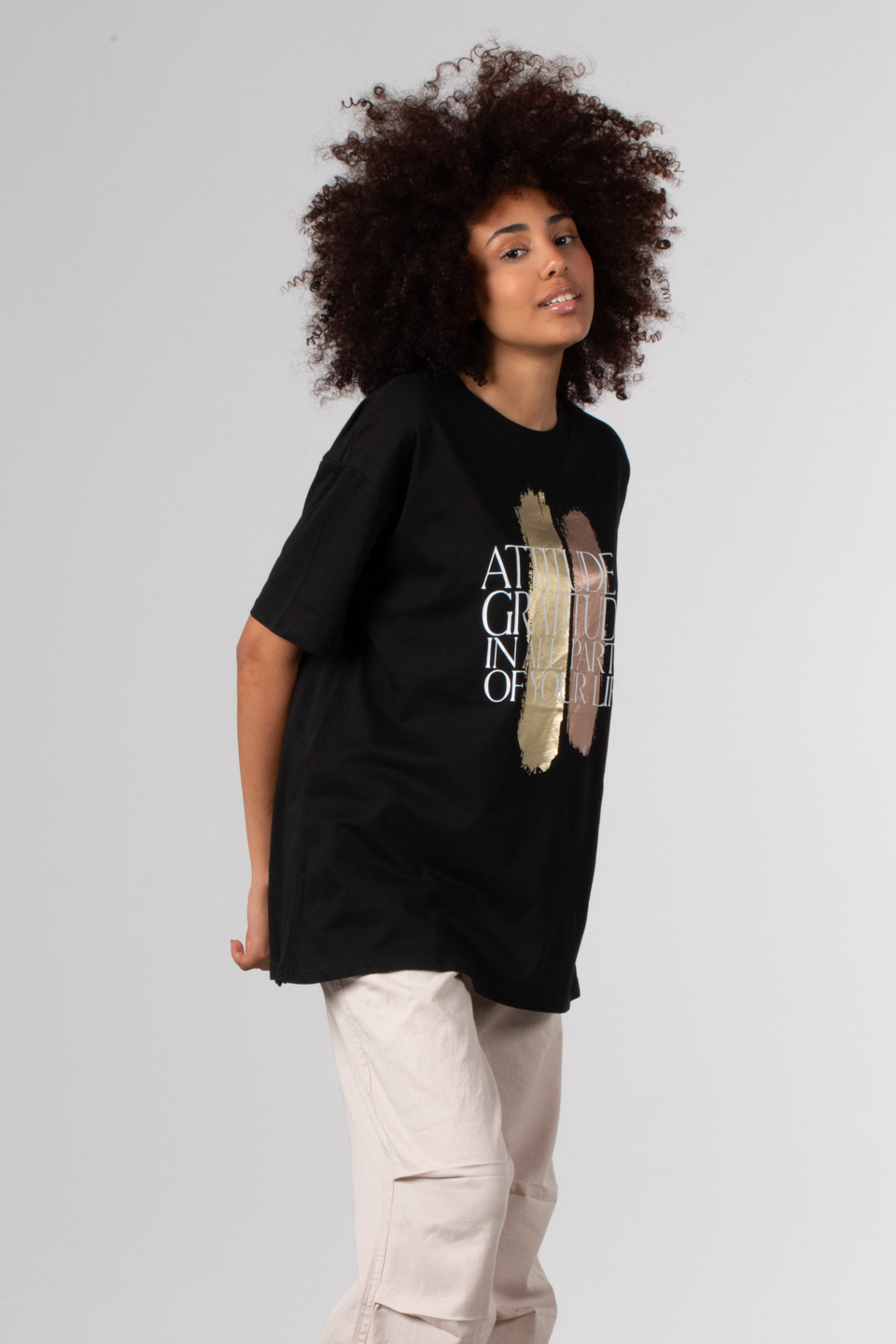 Ön parlak yazı baskılı t-shirt-DVN0350 Siyah