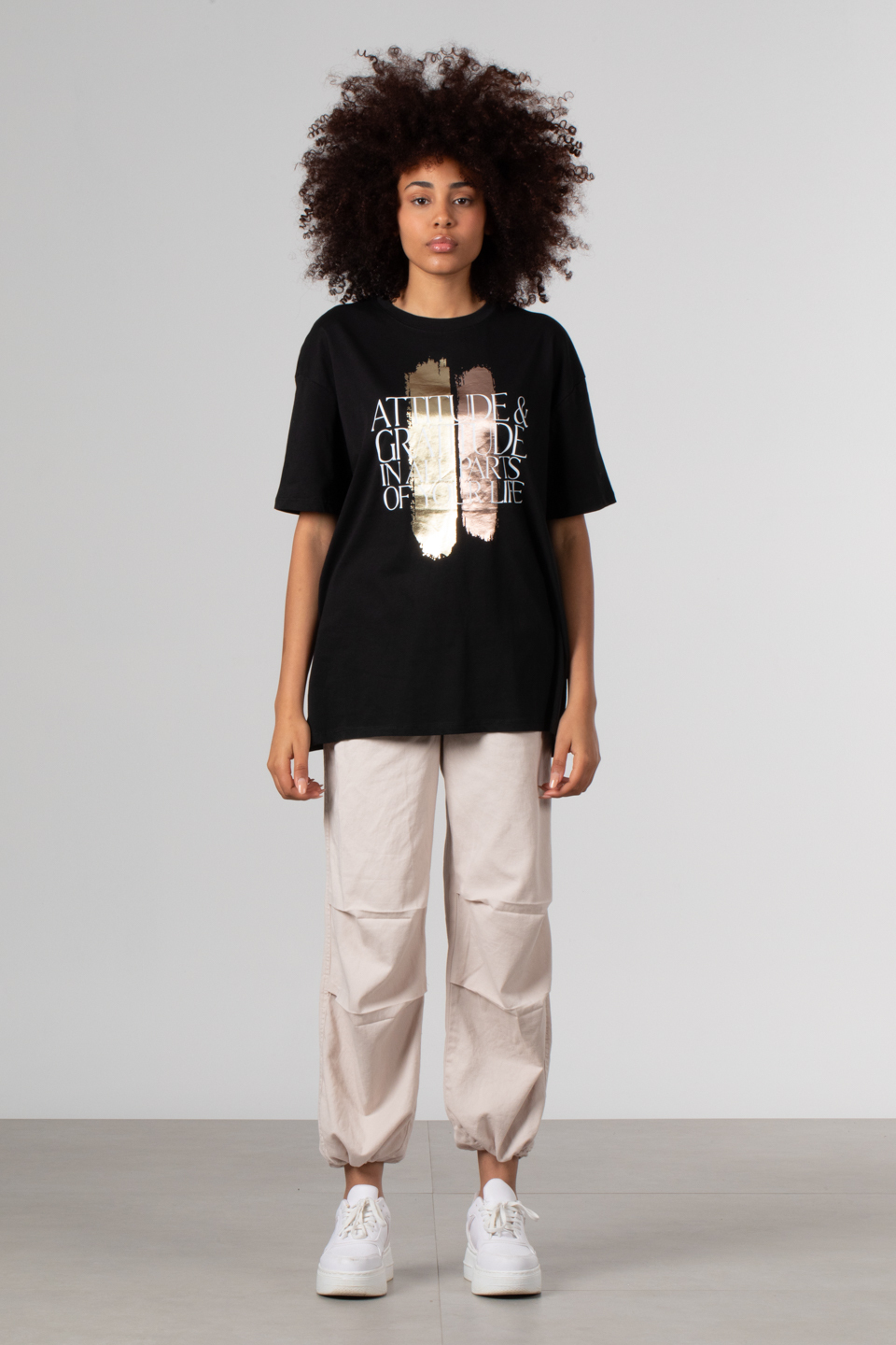 Ön parlak yazı baskılı t-shirt-DVN0350 Siyah