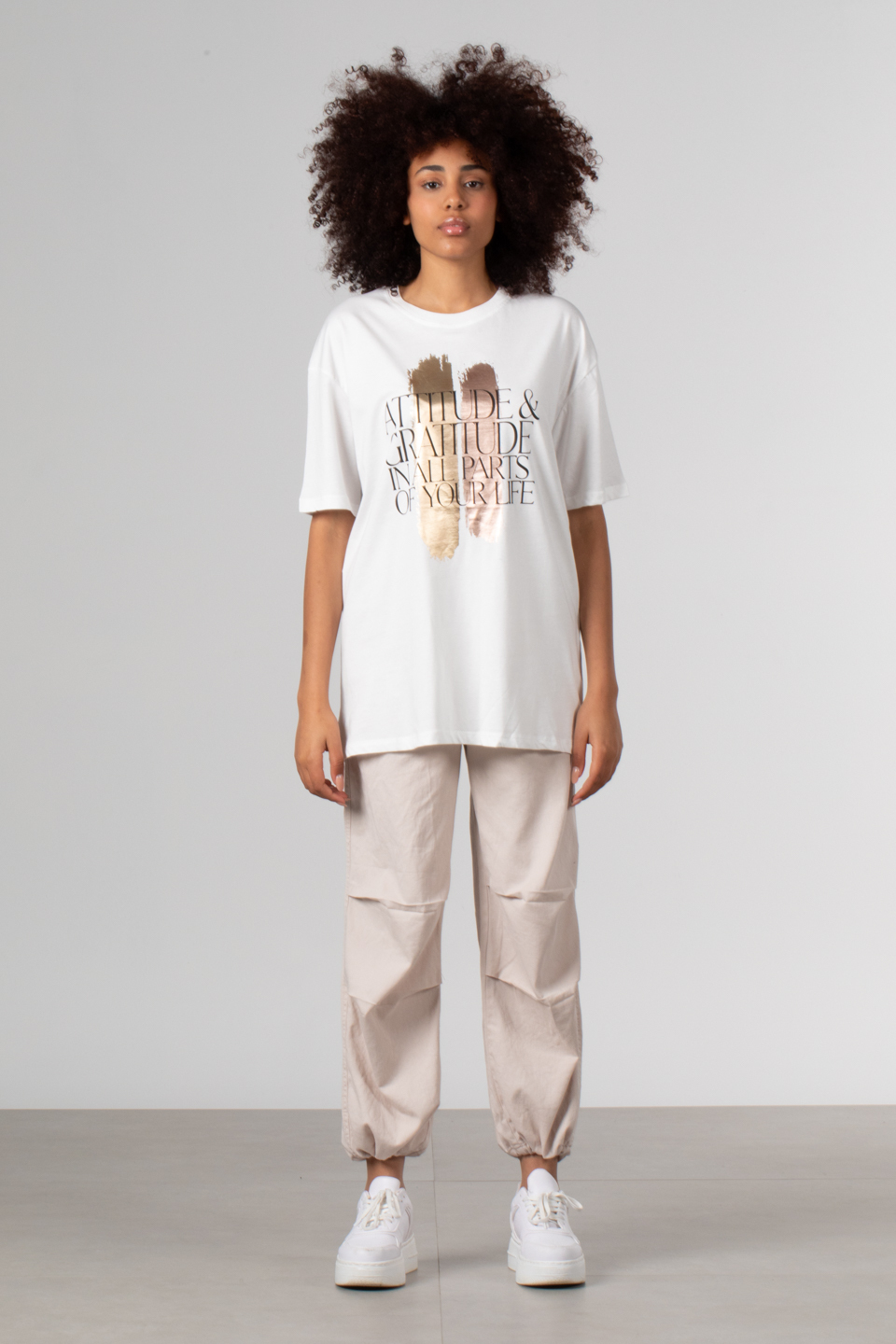 Ön parlak yazı baskılı t-shirt-DVN0350 Beyaz