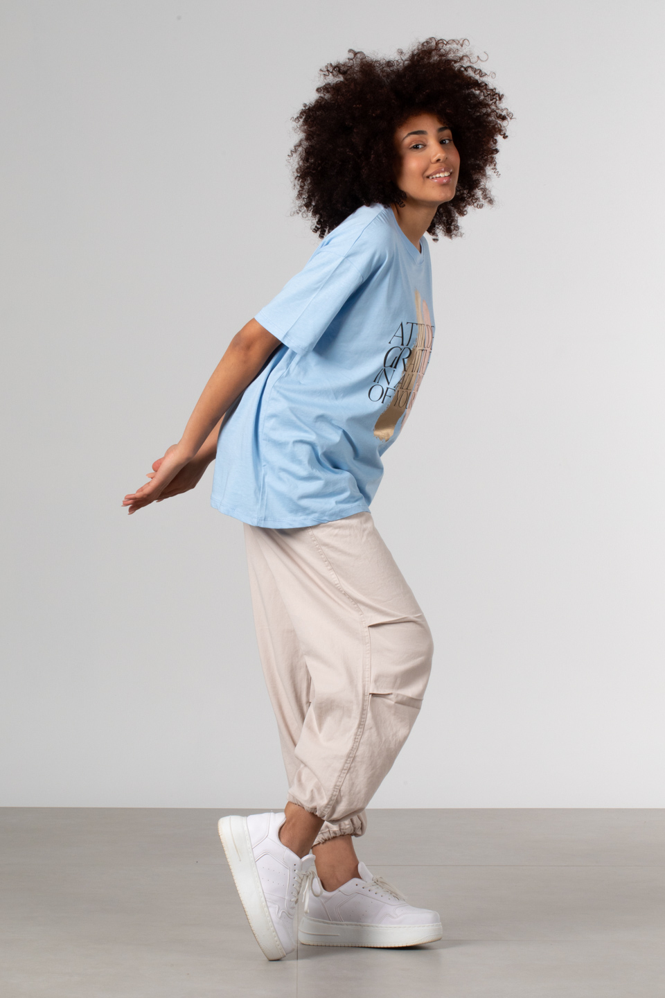 Ön parlak yazı baskılı t-shirt-DVN0350 B.Mavi