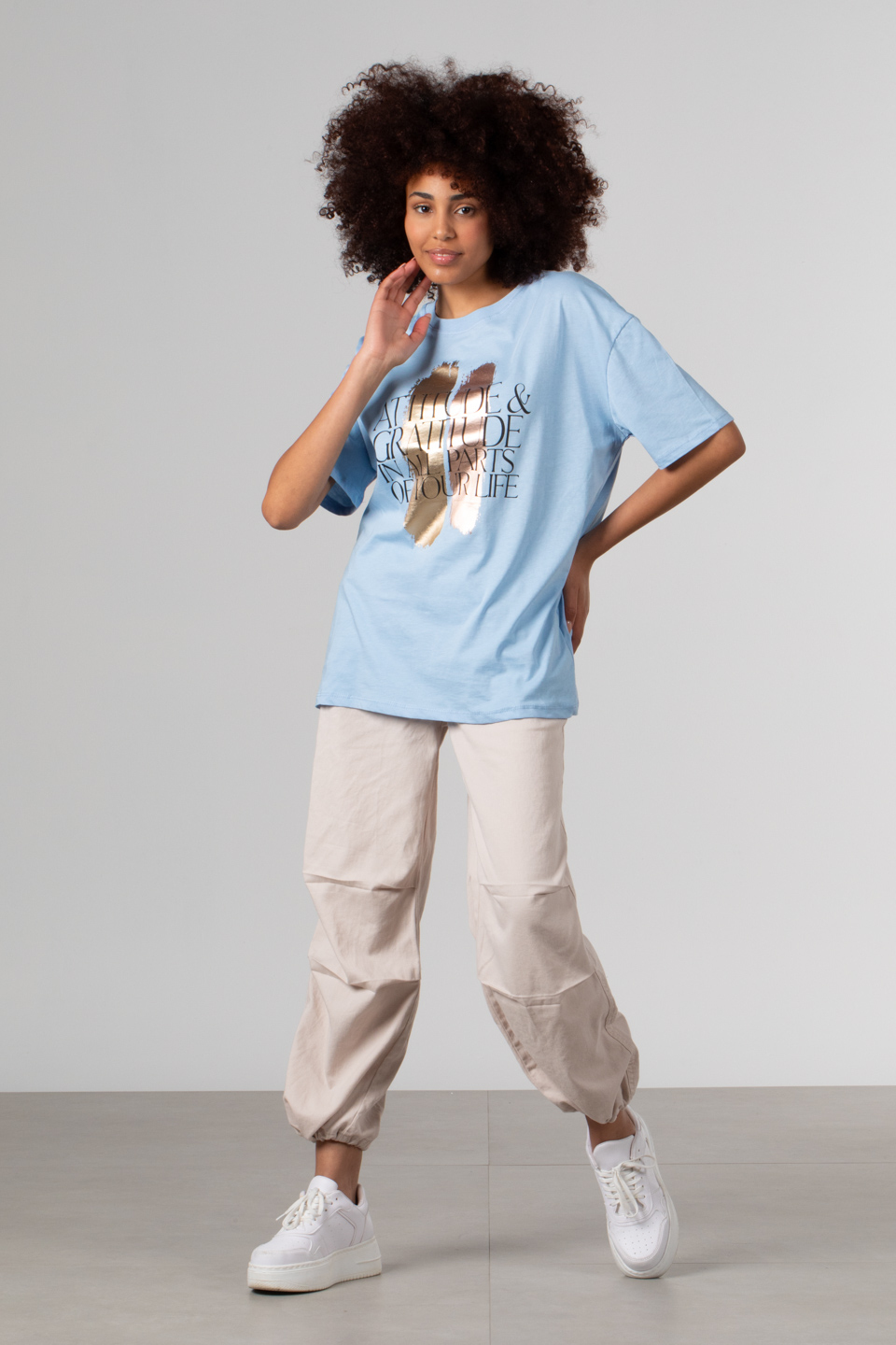 Ön parlak yazı baskılı t-shirt-DVN0350 B.Mavi