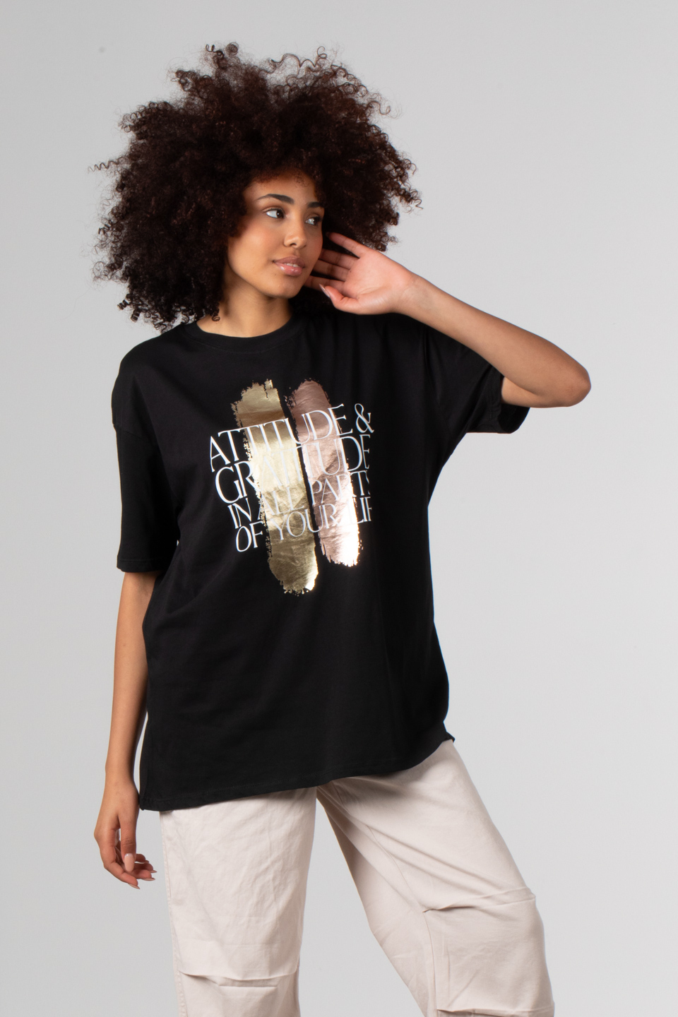 Ön parlak yazı baskılı t-shirt-DVN0350 Siyah