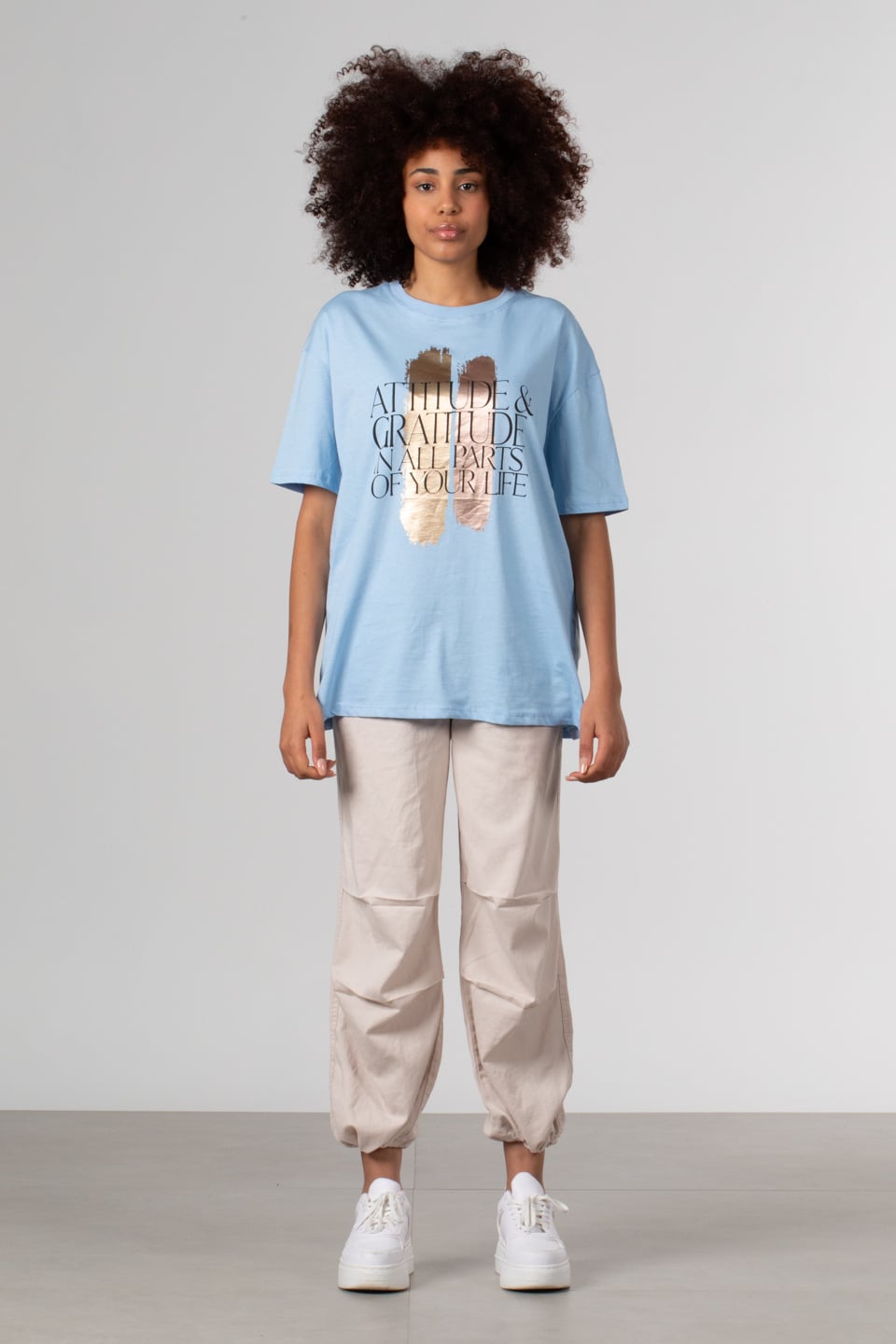 Ön parlak yazı baskılı t-shirt-DVN0350 B.Mavi