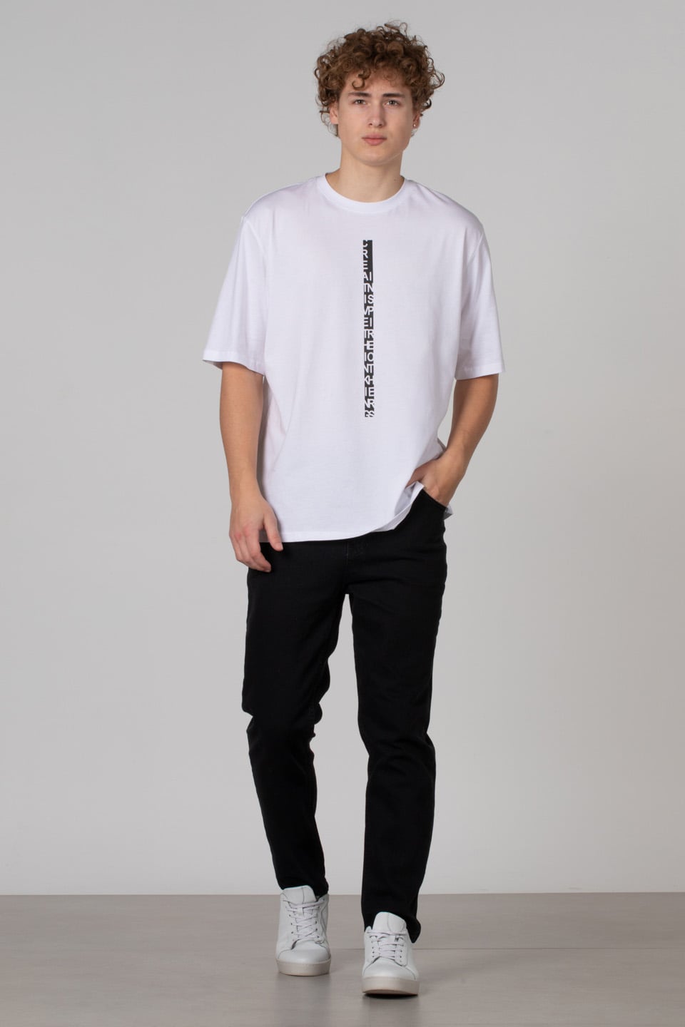 Ön yazı baskılı oversize t-shirt-2606 Beyaz