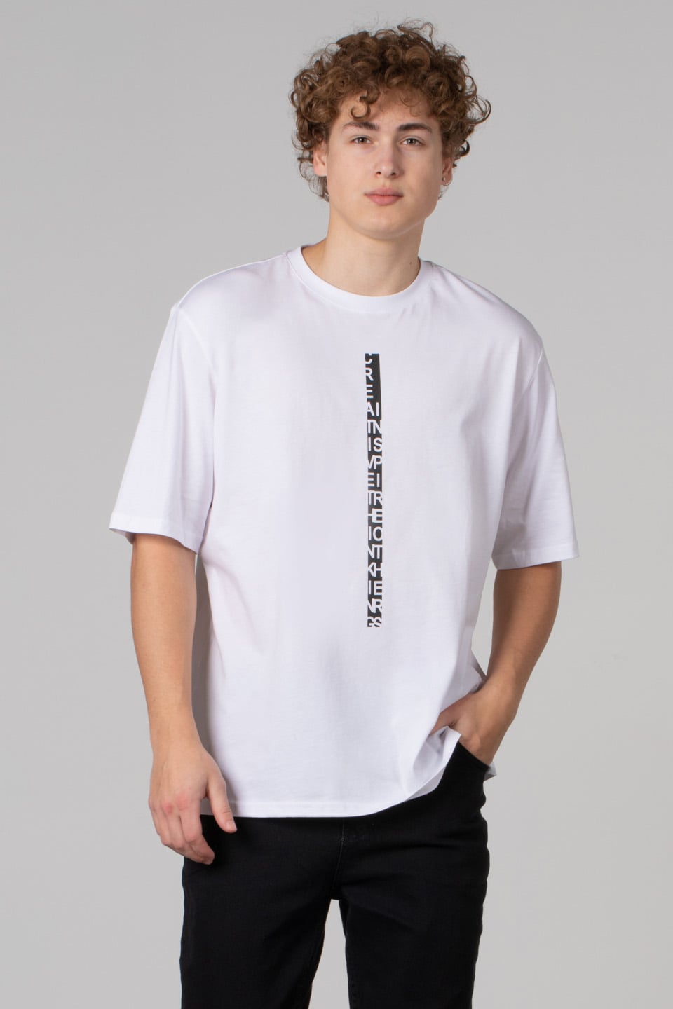 Ön yazı baskılı oversize t-shirt-2606 Beyaz