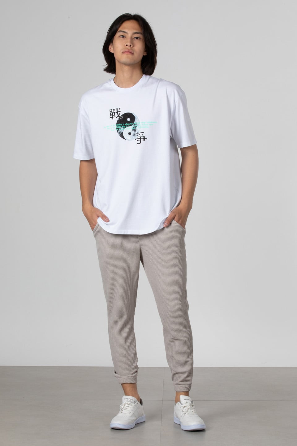 Ön yin yang baskılı t-shirt-21-6988 Beyaz