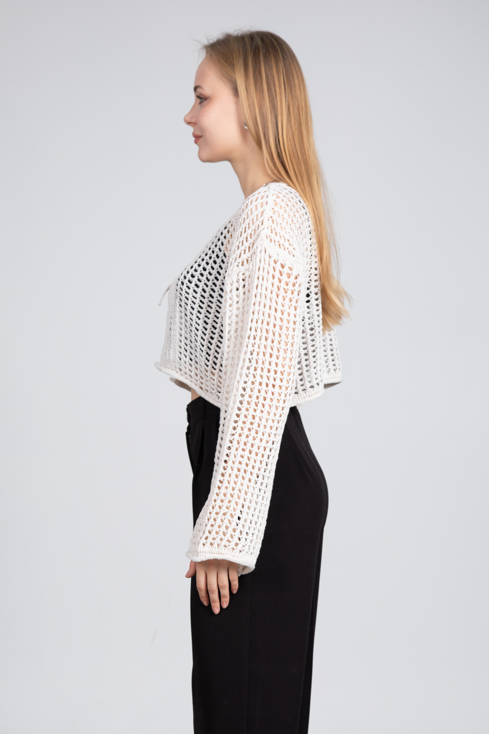 Önden bağlamalı crop hırka-1570 Ekru