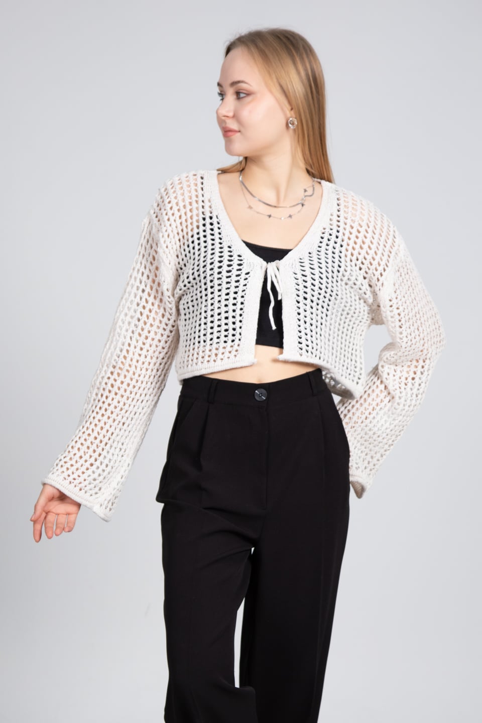 Önden bağlamalı crop hırka-1570 Ekru