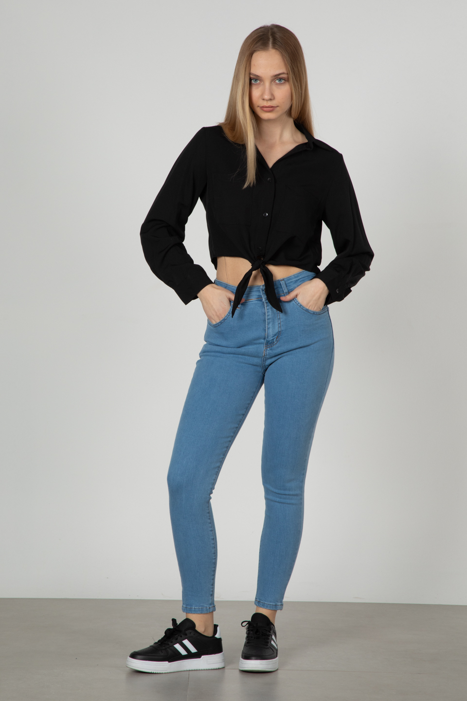 Önden bağlamalı uzun kollu gömlek-4780 Siyah