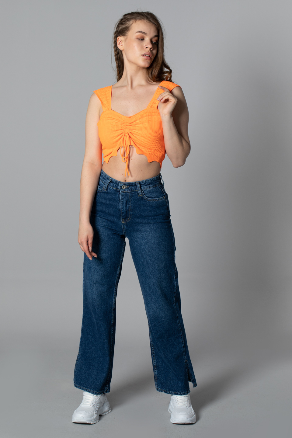Önden büzgülü crop body-8319 N.Oranj