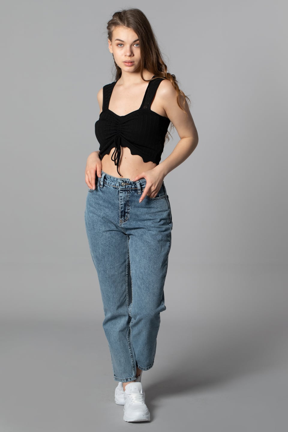 Önden büzgülü crop body-8319 Siyah
