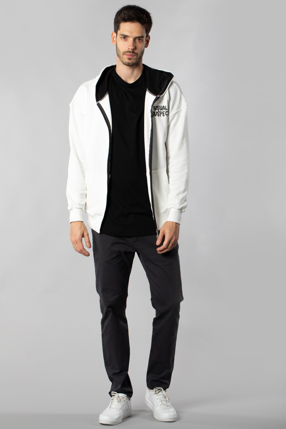 Önü Arkası Baskılı Fermuarlı Sweatshirt - Ekru
